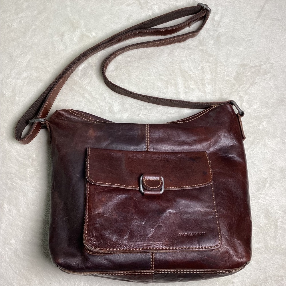 Jack Georges Dark Brown Leather Crossbody Bag Voyager Messenger Striped Lining